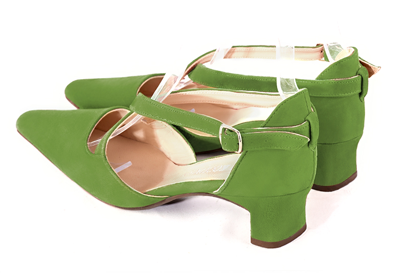 Grass green women's open side shoes, with crossed straps. Tapered toe. Low kitten heels. Rear view - Florence KOOIJMAN